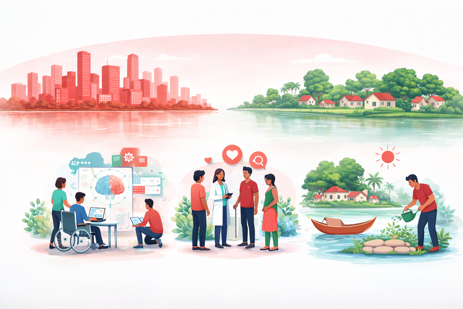 Illustration of inclusive AI, community health, and climate resilience in Bangladesh